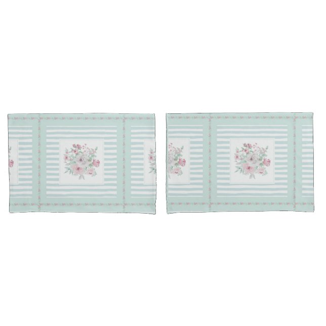 Grey Mint Green Blush Posies  Pillowcase (Front-Set)