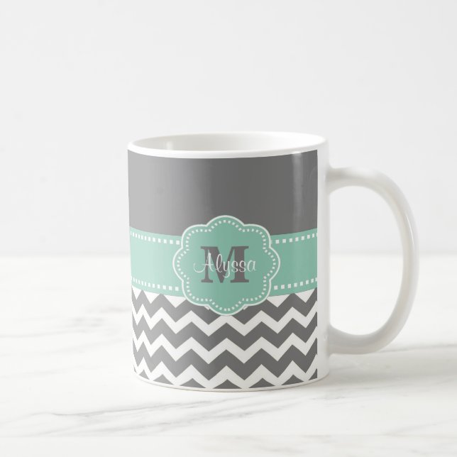 Grey Mint Green Chevron Personalised Mug (Right)