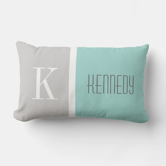Grey Mint Green Colour Block Monogram Name Lumbar Cushion (Front)