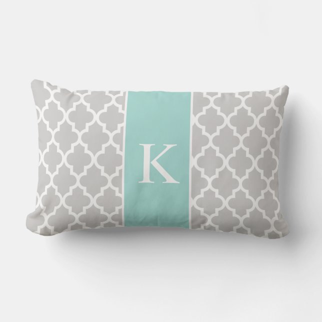 Grey Mint Green Moroccan Custom Monogram Lumbar Cushion (Front)