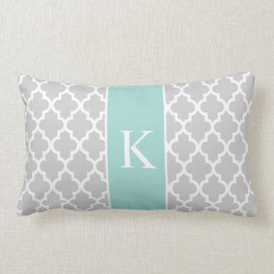 Grey Mint Green Moroccan Custom Monogram Lumbar Cushion