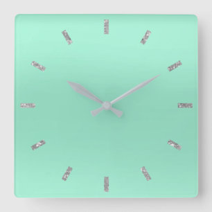 Grey Mint Green Pastel Ombre Minimal Glitter Square Wall Clock