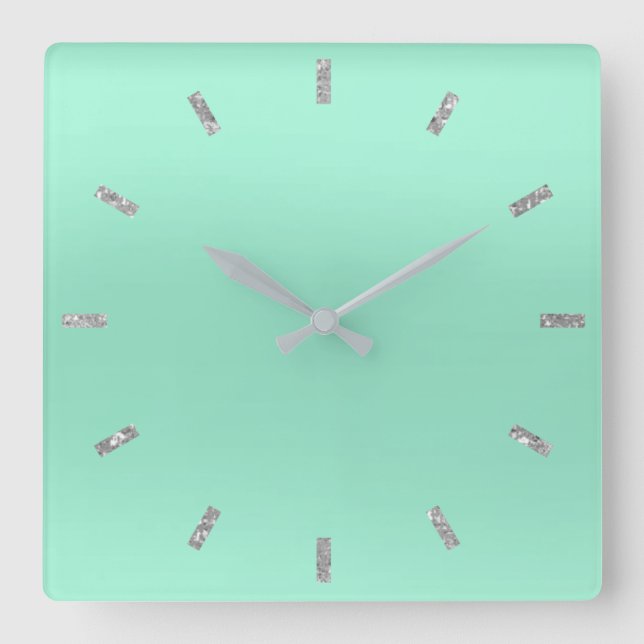 Grey Mint Green Pastel Ombre Minimal Glitter Square Wall Clock (Front)