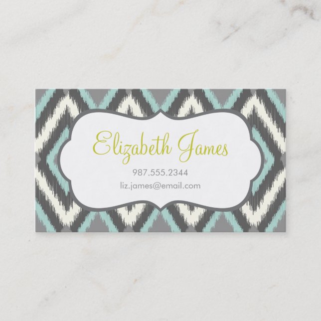 Grey & Mint Tribal Ikat Chevron Business Card (Front)