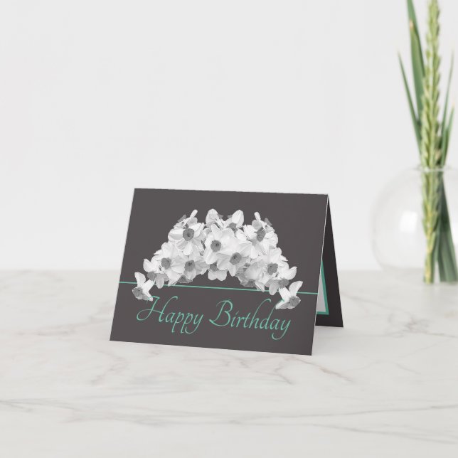 Grey Mint White Daffodils Bouquet Happy Birthday Card (Front)
