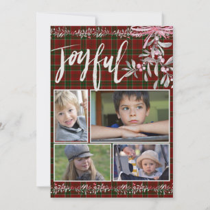 Grey Mistletoe Red Green Christmas Plaid Joyful Holiday Card