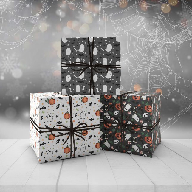 Grey Mixed Halloween Patterns Ghost Pumpkins Wrapping Paper Sheet (Creator Uploaded)