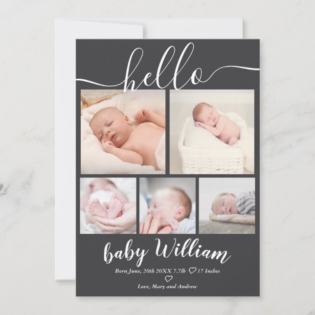 Grey modern 5 grid photo baby boy birth announcement (Front)