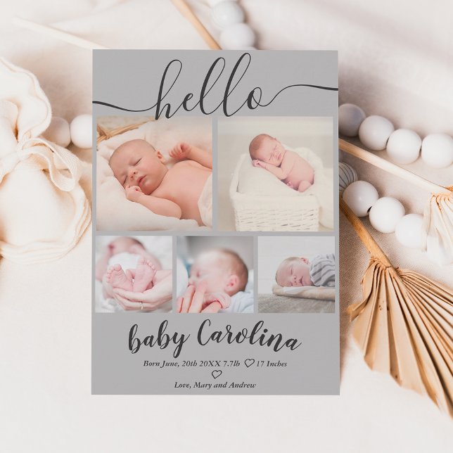 Grey modern 5 grid photo baby girl birth announcement (Creator Uploaded)