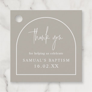 Grey Modern Arch Minimalist Christening Square Favour Tags