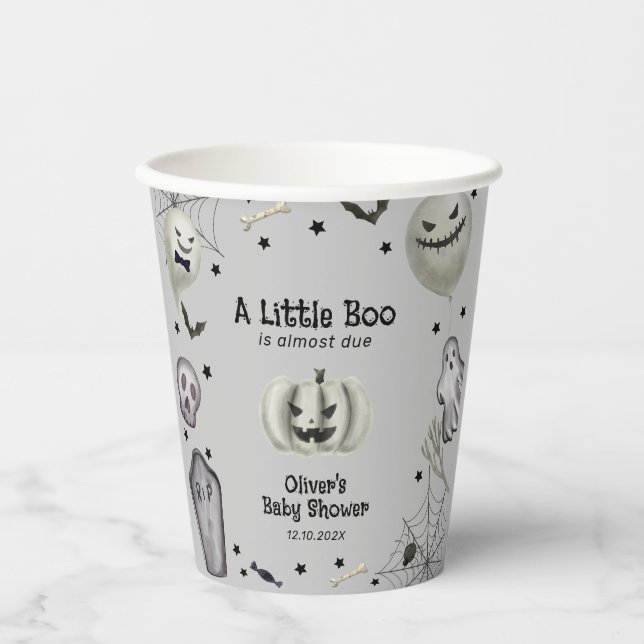 Grey Modern Little Boo Ghost Boy Baby Shower  Paper Cups (Front)