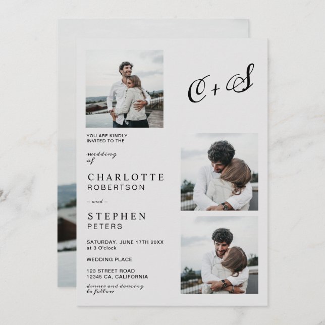 Grey modern minimalist initials photo wedding invitation (Front/Back)