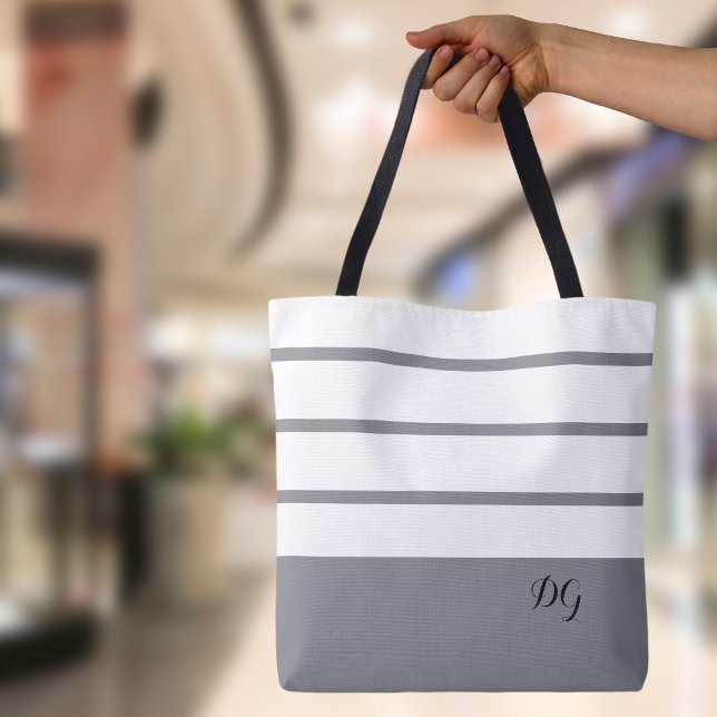 Grey Modern Minimalist Striped Monogram Tote Bag (Elegant Modern Bold Stripes  Monogrammed Gray Black & White Canvas Shopping Shoulder Tote Bag
)