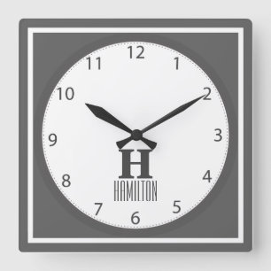 Grey Modern Monogram Square Wall Clock