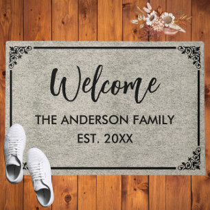 Grey Modern Monogram The Family Name Welcome Doormat
