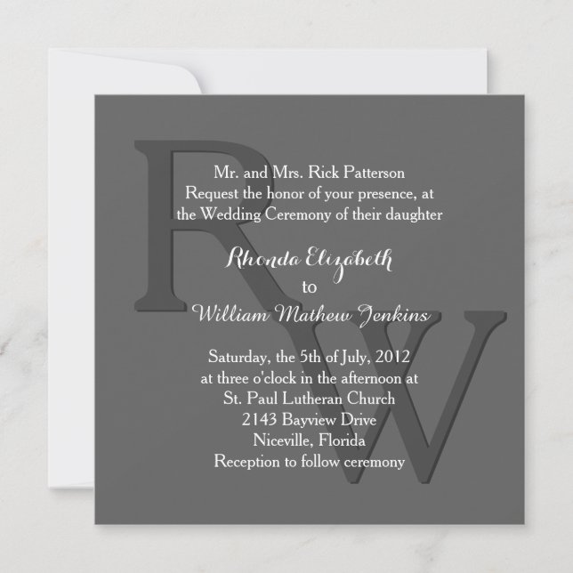 Grey Modern Monogram Wedding Invitation (Front)