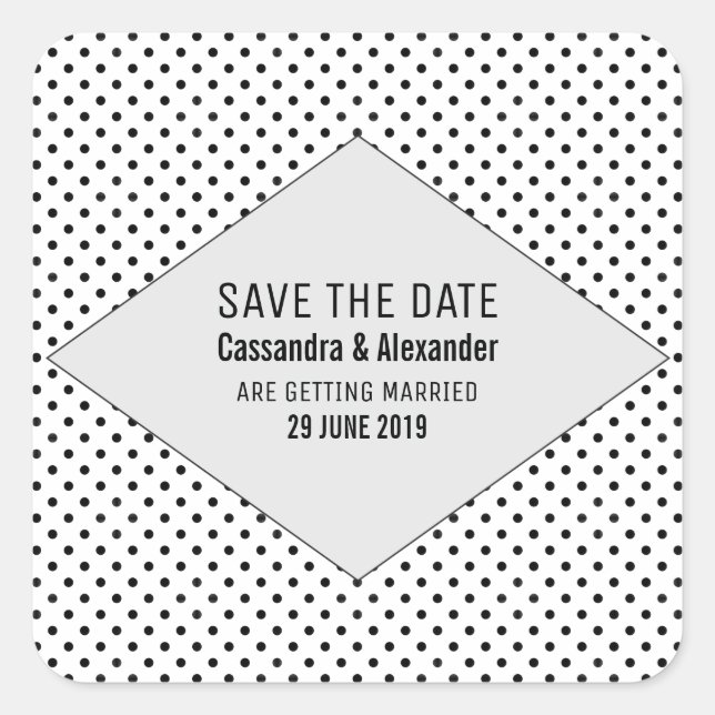 Grey Modern Polka Dots Save the Date Square Sticker (Front)