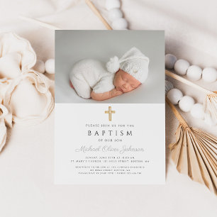 Grey Modern Religious Cross Photo Baptism Invitation