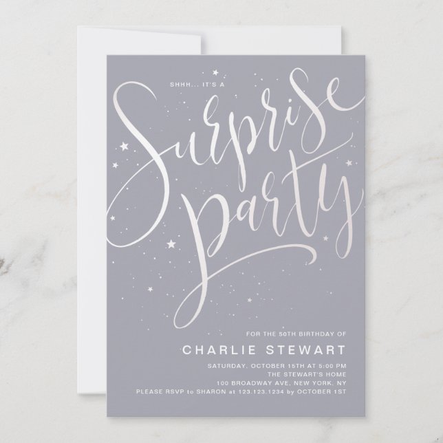 Grey Modern Script Surprise Birthday White Party Invitation (Front)