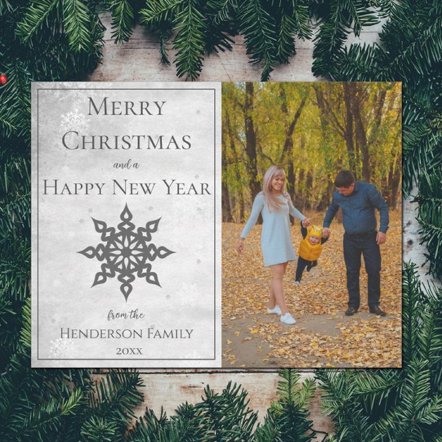 Grey Modern Snowflake Photo Holiday Card (Gray Modern Snowflake Photo Holiday Card)