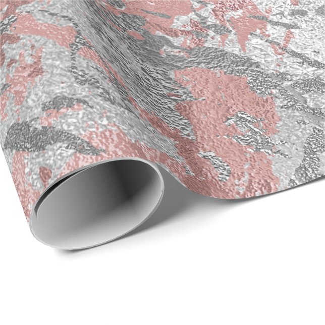Grey Molten Silver Blush Pink Marble Shiny Metal Wrapping Paper (Roll Corner)
