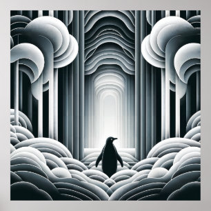 Grey Monochromatic Lovey Baby Penguin Art Deco Poster