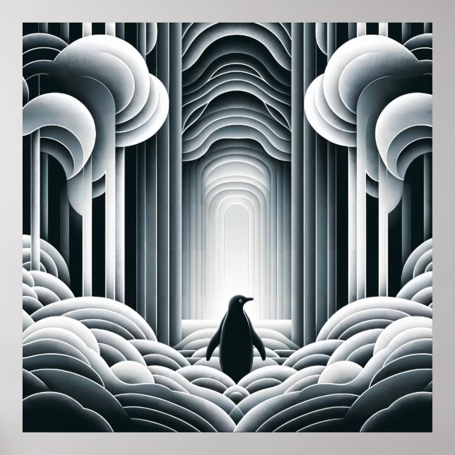 Grey Monochromatic Lovey Baby Penguin Art Deco Poster (Front)