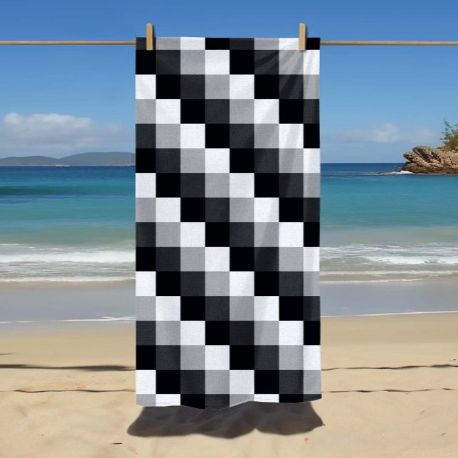 Grey Monochrome Checked Pixel Mosaic Pattern Beach Towel (Gray Monochrome Checked Pixel Mosaic Pattern Beach Towel)