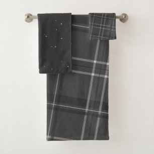 Grey monochrome plaid and stars holiday bath towel set