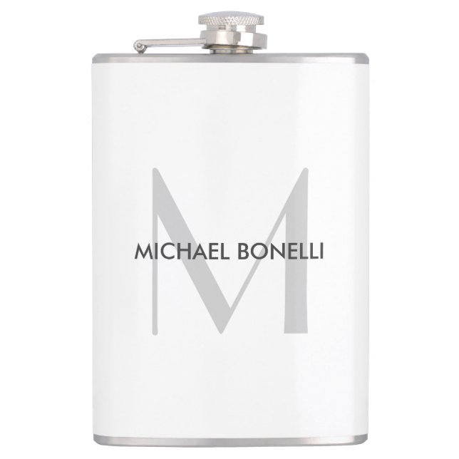 Grey Monogram Black White Name Hip Flask (Front)
