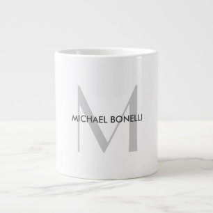 Grey Monogram Black White Name Large Coffee Mug