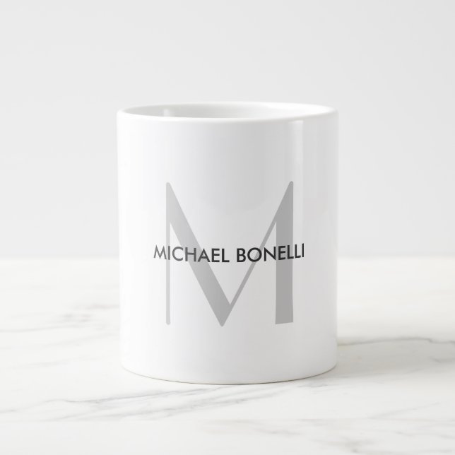 Grey Monogram Black White Name Large Coffee Mug (Front)