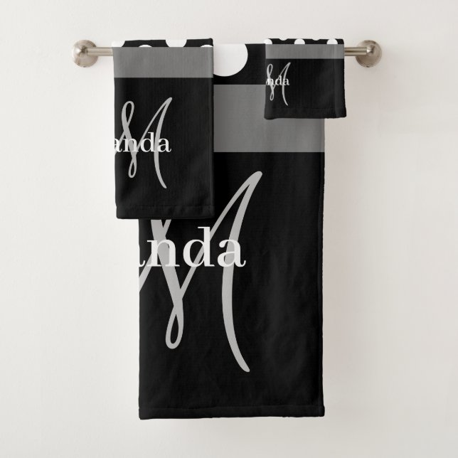Grey Monogram Black White Polka Dot Bath Towel Set (Insitu)