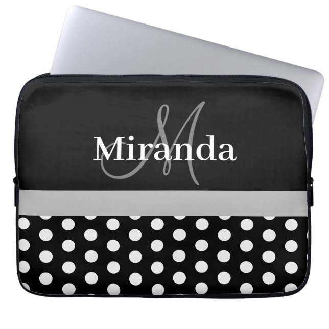 Grey Monogram Black White Polka Dot Laptop Sleeve (Front)