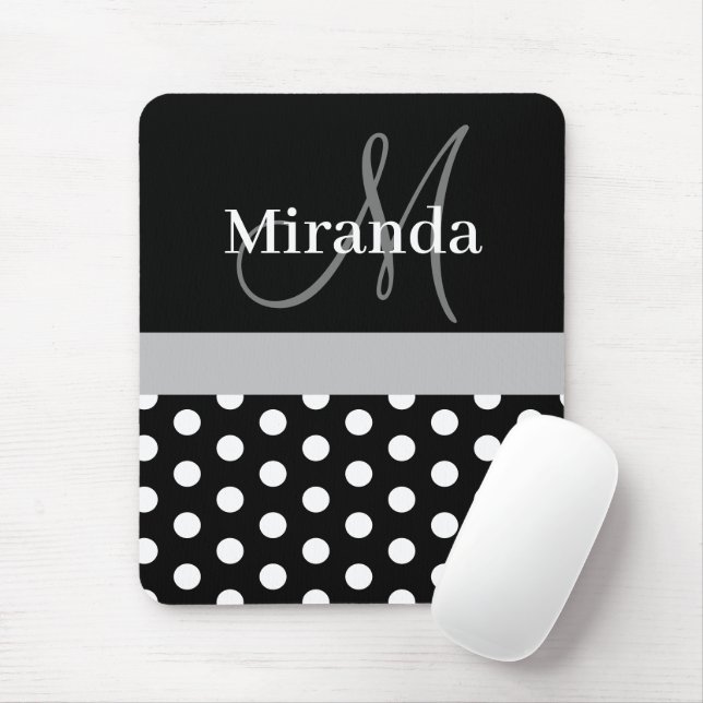 Grey Monogram Black White Polka Dot Mouse Pad (With Mouse)