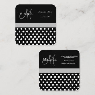 Grey Monogram Black White Polka Dot Square Business Card