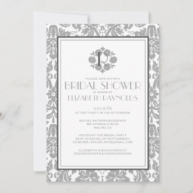 Grey Monogram Damask Bridal Shower Invitations (Front)