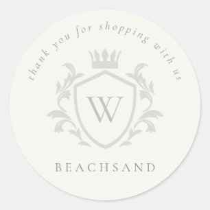 Grey Monogram Floral Crown Crest Order Thank you Classic Round Sticker