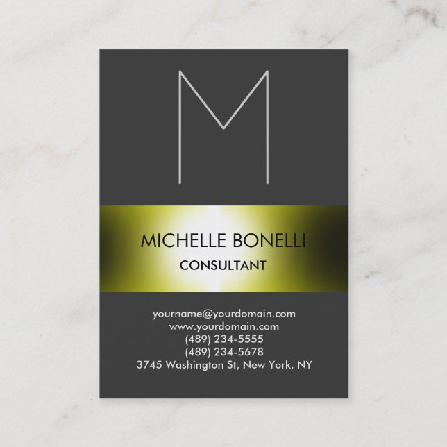 Grey monogram greeny yellow striped business card (Front)