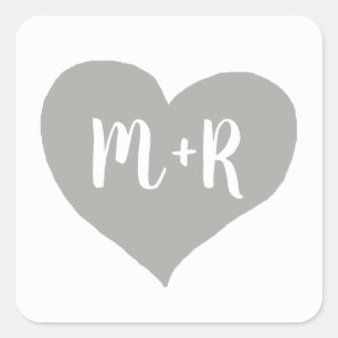 grey monogram love heart square sticker