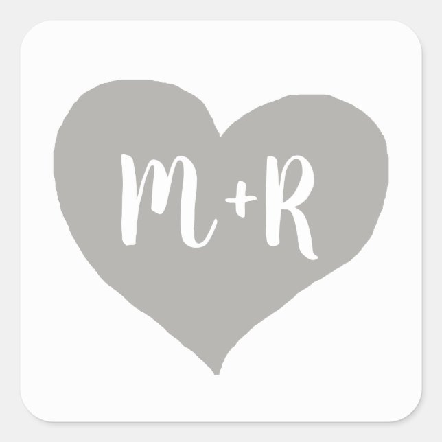 grey monogram love heart  square sticker (Front)