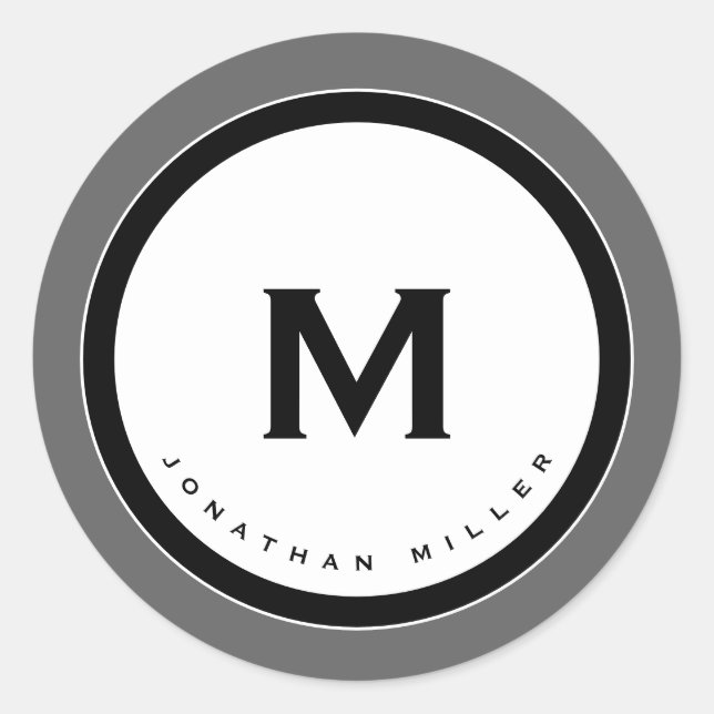 Grey Monogram Medallion with Initial & Name Classic Round Sticker (Front)