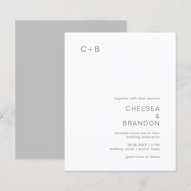 Grey Monogram Modern Budget Wedding Invitation (Front/Back)