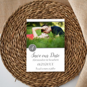 Grey Monogram Photo Save The Date Announcement
