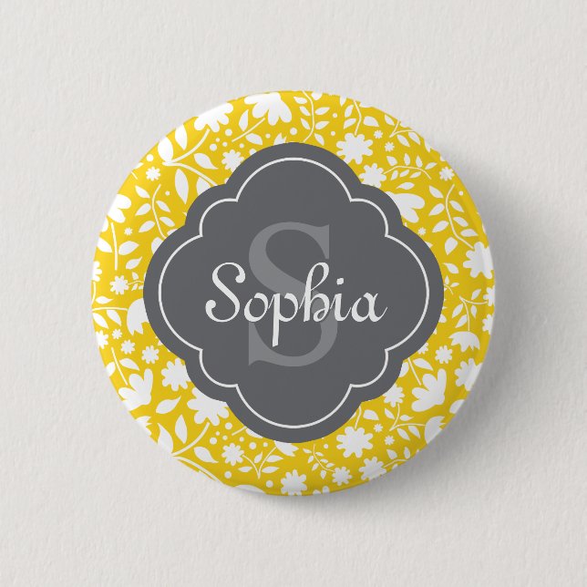 Grey Monogram Quatrefoil Yellow Floral Pattern 6 Cm Round Badge (Front)