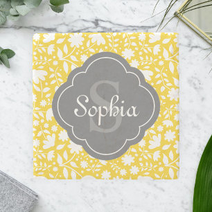 Grey Monogram Quatrefoil Yellow Floral Pattern Stone Coaster