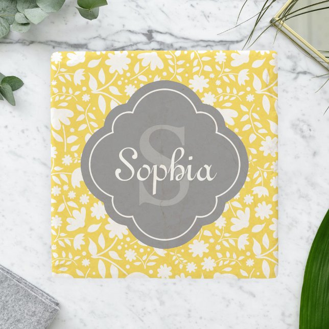 Grey Monogram Quatrefoil Yellow Floral Pattern Stone Coaster (Creator Uploaded)