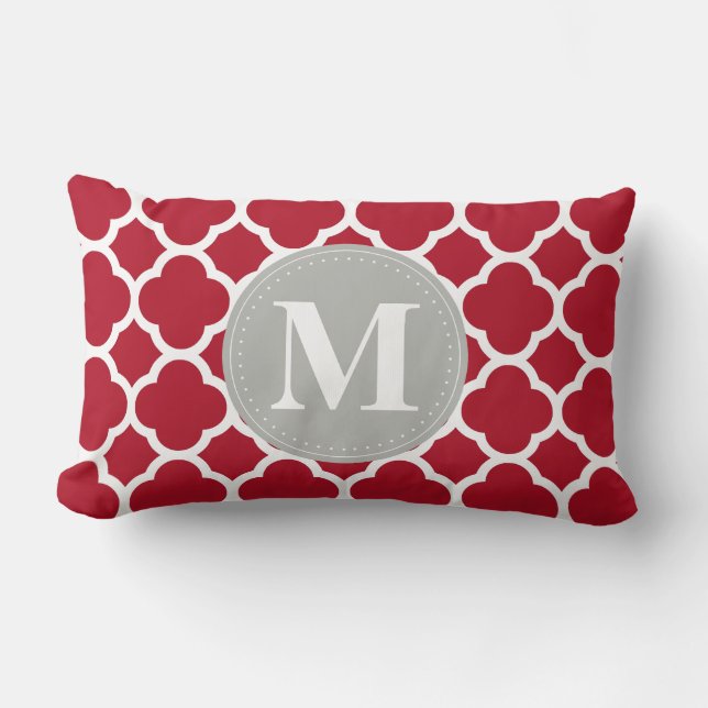 Grey Monogram Red Quatrefoil Pattern Lumbar Cushion (Front)