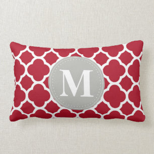 Grey Monogram Red Quatrefoil Pattern Lumbar Cushion