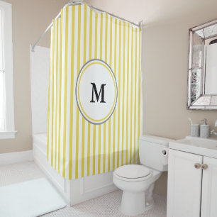 Grey Monogram Template on White and Yellow Striped Shower Curtain